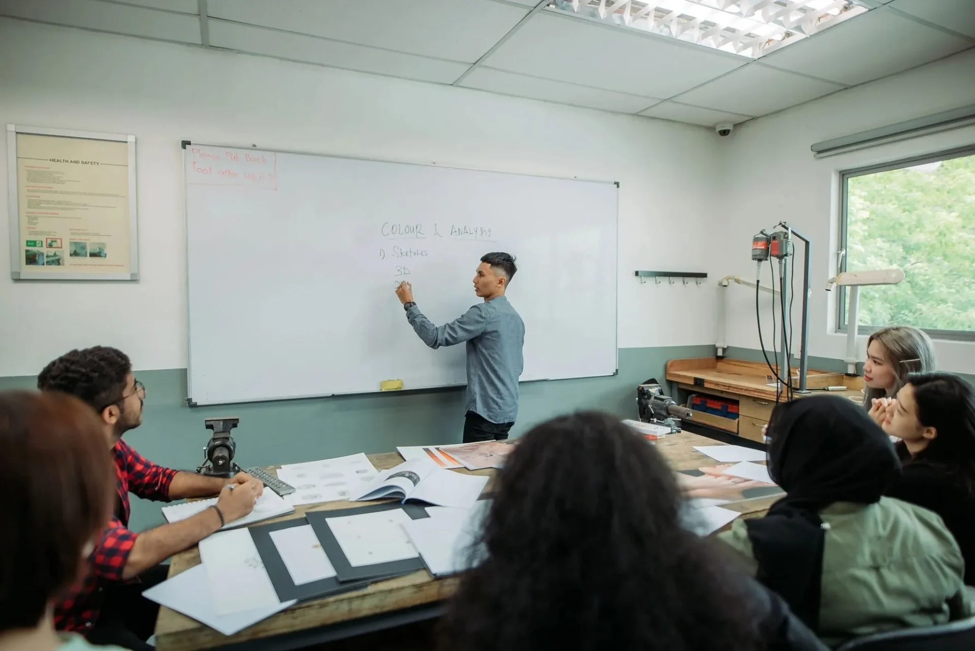 Classroom discussion with whiteboard notes.